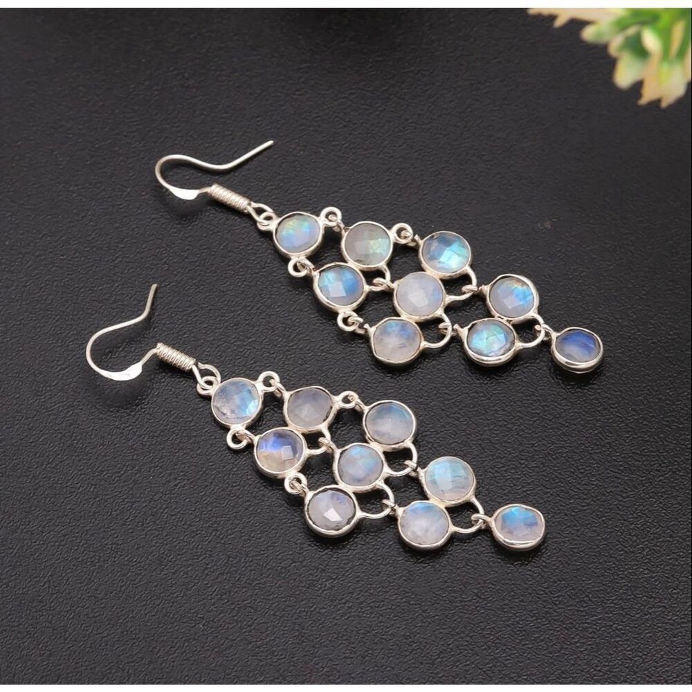 Rainbow Moonstone Sterling Chandelier Earrings